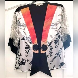 Spencer Alexis Kimono Topper Floral & Cranes Silk & Lace sz PL Pre-owned